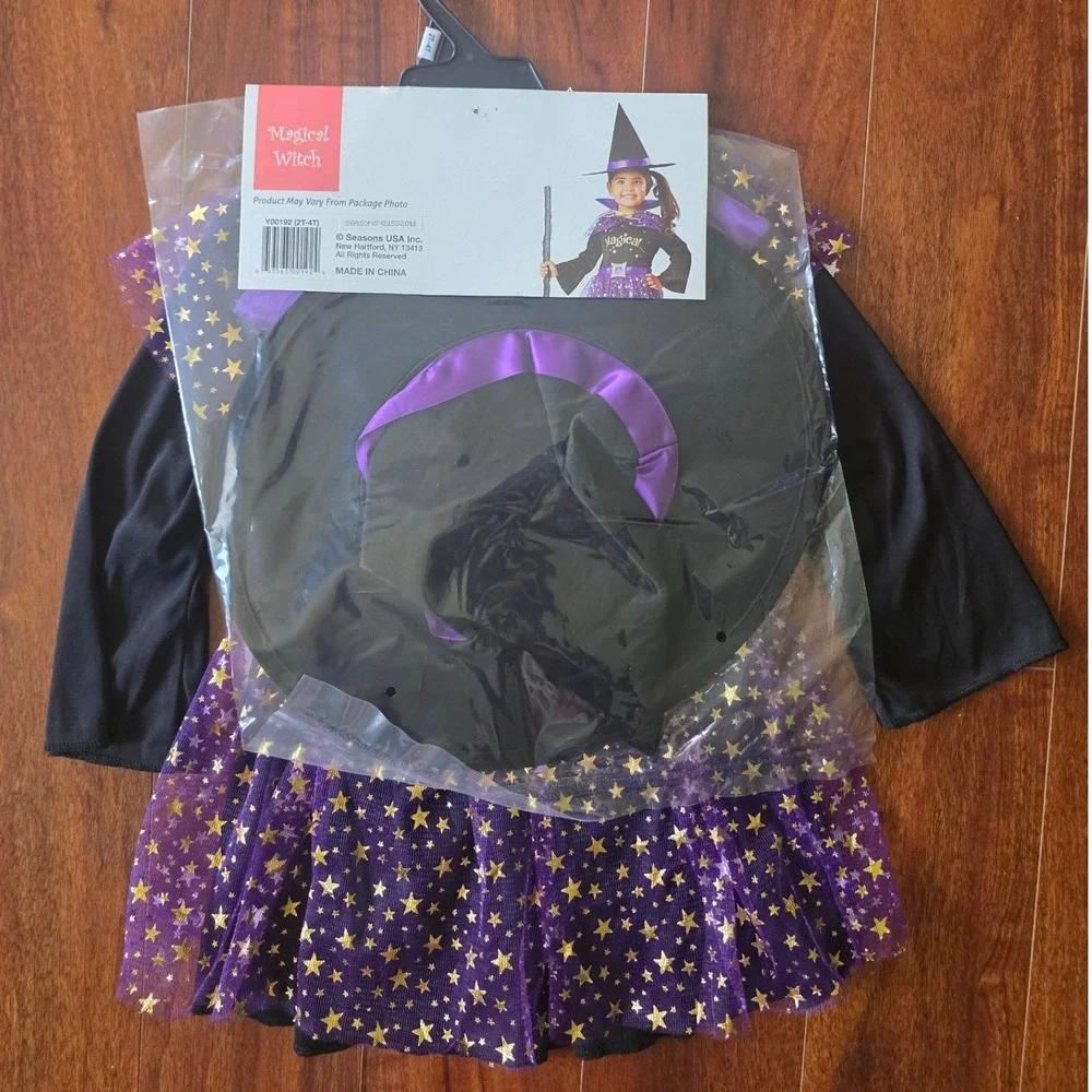 Magical Witch Toddler Halloween Costume Dress Cape Hat Purple Black 2T-4T NEW